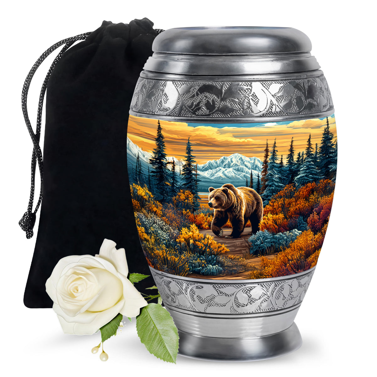 Matte Gold Bear Cremation Urn back view with polished surface - majestic bear pattern with filigree border - full-size 10 inch 200 cubic inch adult cremation urn