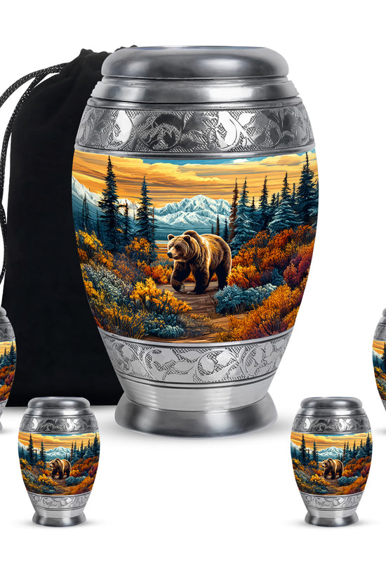 Burnished Gold Bear Cremation Urn detail view - majestic bear pattern with filigree border - memorial set with one large and four small urns