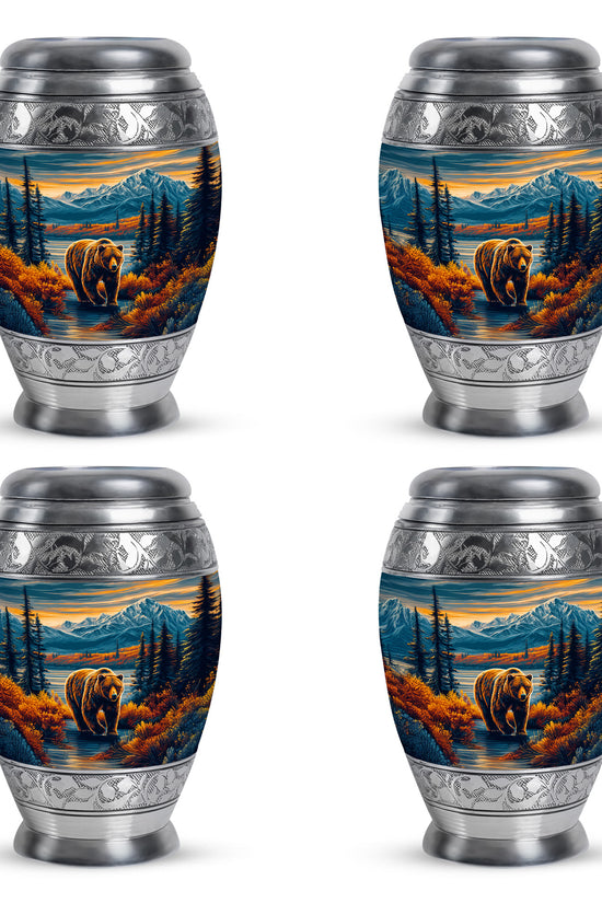 Indigo Bear Cremation Urn urn with complimentary velvet bag - ornate monarch-style bear relief on brushed aluminum - 10 inch aluminum urn for cremated remains