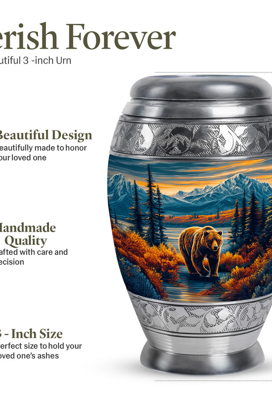 Sapphire Blue Bear Cremation Urn lifestyle display on memorial shelf - majestic bear pattern with filigree border - mini keepsake memorial for portion of cremation ashes