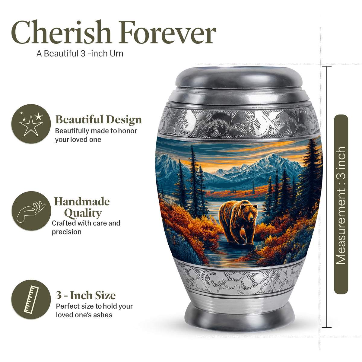 Sapphire Blue Bear Cremation Urn lifestyle display on memorial shelf - majestic bear pattern with filigree border - mini keepsake memorial for portion of cremation ashes