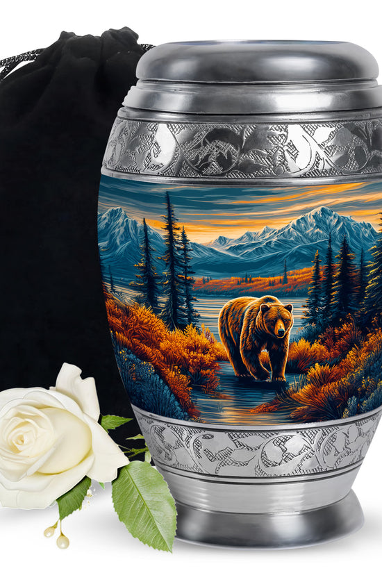 Indigo Bear Cremation Urn back view with polished surface - ornate monarch-style bear relief on brushed aluminum - full-size 10 inch 200 cubic inch adult cremation urn