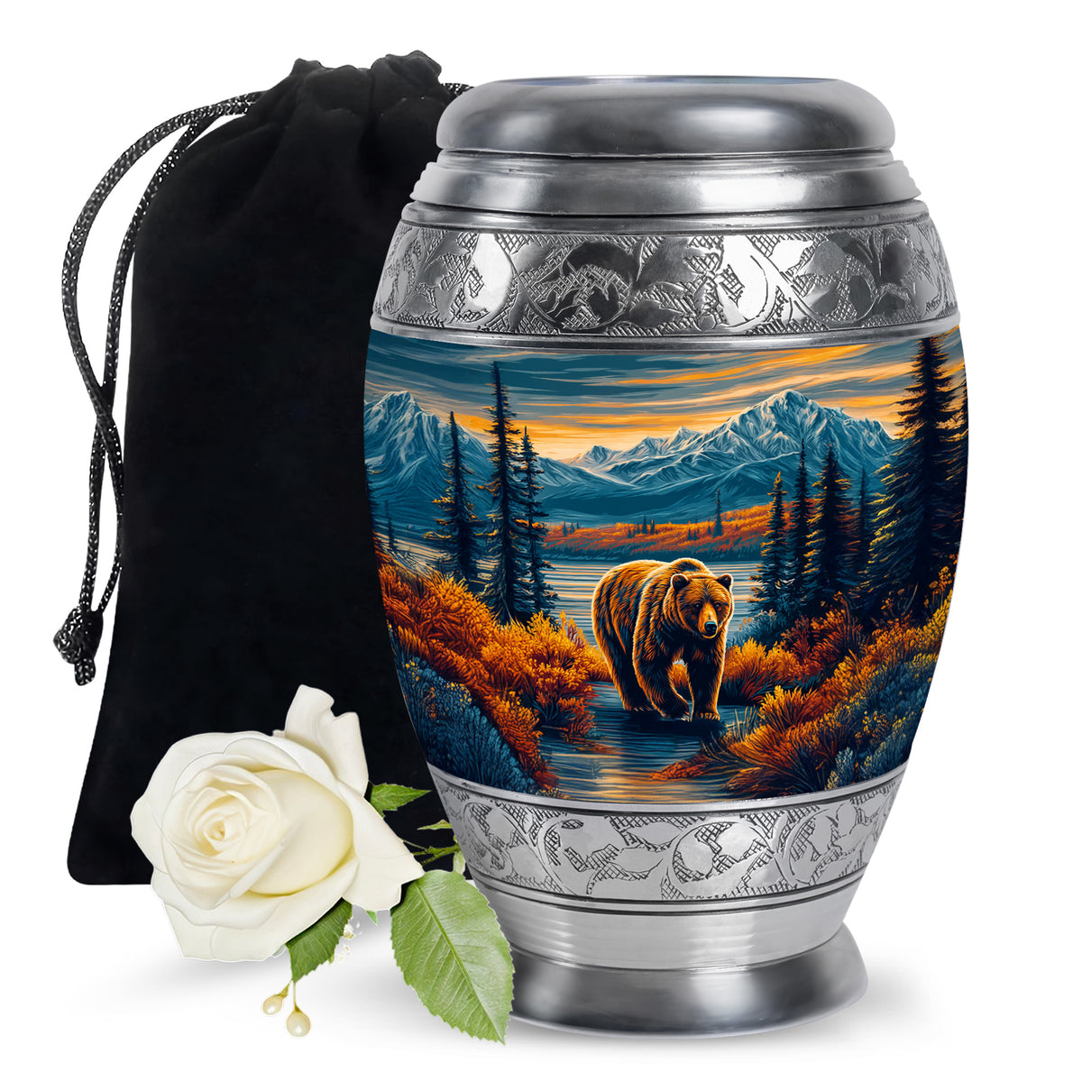 Indigo Bear Cremation Urn back view with polished surface - ornate monarch-style bear relief on brushed aluminum - full-size 10 inch 200 cubic inch adult cremation urn