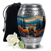 Indigo Bear Cremation Urn back view with polished surface - ornate monarch-style bear relief on brushed aluminum - full-size 10 inch 200 cubic inch adult cremation urn