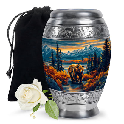 Indigo Bear Cremation Urn back view with polished surface - ornate monarch-style bear relief on brushed aluminum - full-size 10 inch 200 cubic inch adult cremation urn