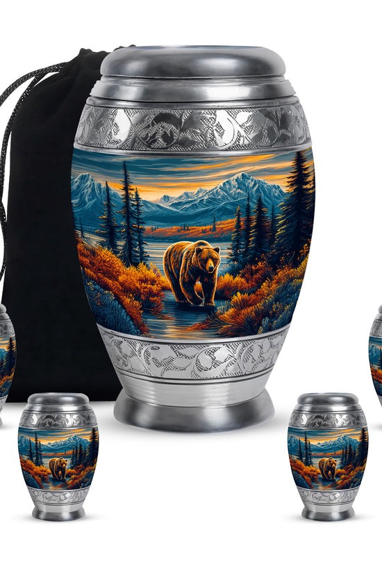 Misty Blue Bear Cremation Urn detail view - ornate monarch-style bear relief on brushed aluminum - memorial set with one large and four small urns