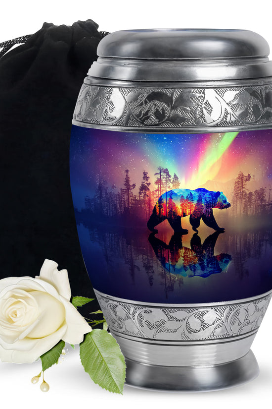 Celestial Blue Bear Cremation Urn back view with polished surface - regal bear design with crown-inspired accents - full-size 10 inch 200 cubic inch adult cremation urn