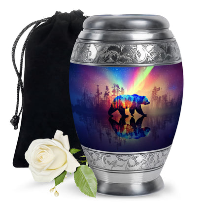 Celestial Blue Bear Cremation Urn back view with polished surface - regal bear design with crown-inspired accents - full-size 10 inch 200 cubic inch adult cremation urn