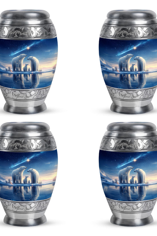 Azure Bear Cremation Urn urn with complimentary velvet bag - ornate monarch-style bear relief on brushed aluminum - 10 inch aluminum urn for cremated remains