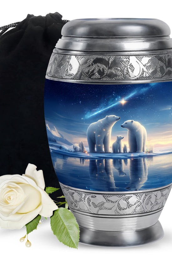 Sky Blue Bear Cremation Urn back view with polished surface - regal bear design with crown-inspired accents - full-size 10 inch 200 cubic inch adult cremation urn