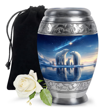 Sky Blue Bear Cremation Urn back view with polished surface - regal bear design with crown-inspired accents - full-size 10 inch 200 cubic inch adult cremation urn