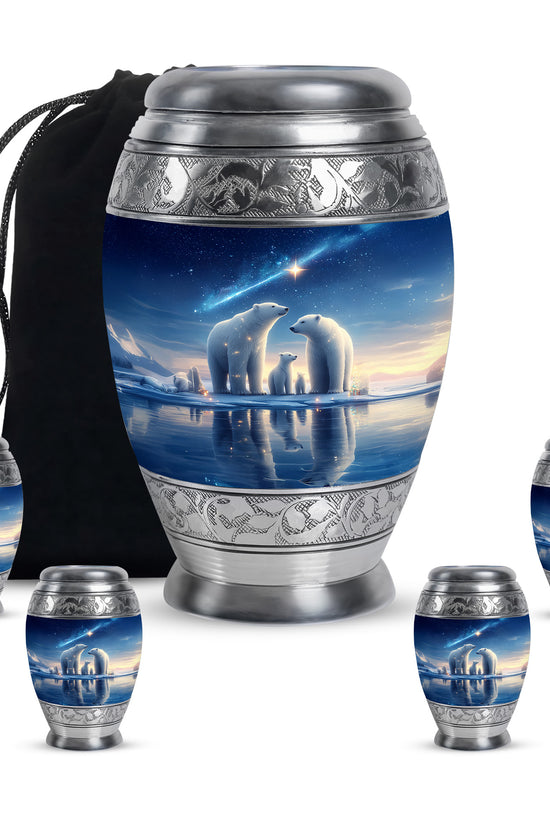 Slate Blue Bear Cremation Urn detail view - regal bear design with crown-inspired accents - memorial set with one large and four small urns