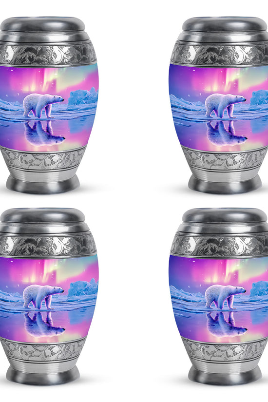 Soft Pink Bear Cremation Urn urn with complimentary velvet bag - majestic bear pattern with filigree border - 10 inch aluminum urn for cremated remains