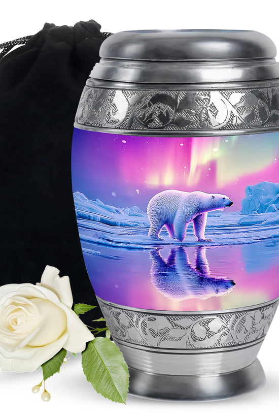 Soft Pink Bear Cremation Urn back view with polished surface - royal bear engraving with decorative scrollwork - full-size 10 inch 200 cubic inch adult cremation urn
