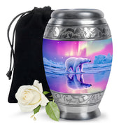 Soft Pink Bear Cremation Urn back view with polished surface - royal bear engraving with decorative scrollwork - full-size 10 inch 200 cubic inch adult cremation urn