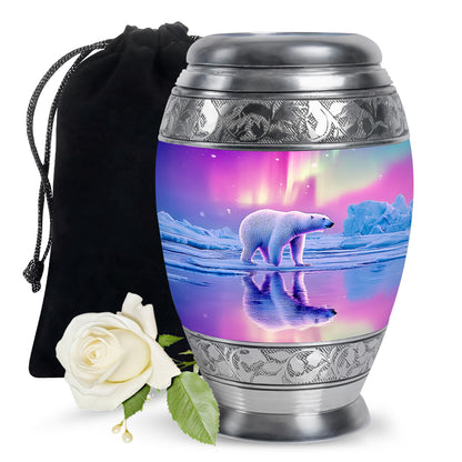Soft Pink Bear Cremation Urn back view with polished surface - royal bear engraving with decorative scrollwork - full-size 10 inch 200 cubic inch adult cremation urn