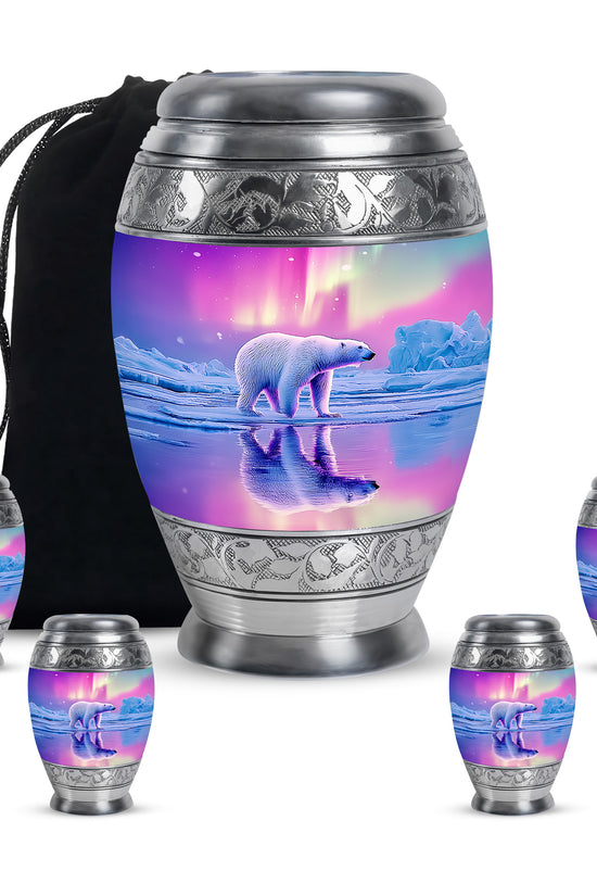 Coral Pink Bear Cremation Urn detail view - ornate monarch-style bear relief on brushed aluminum - memorial set with one large and four small urns