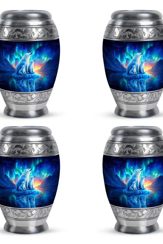 Twilight Blue Bear Cremation Urn urn with complimentary velvet bag - majestic bear pattern with filigree border - 10 inch aluminum urn for cremated remains