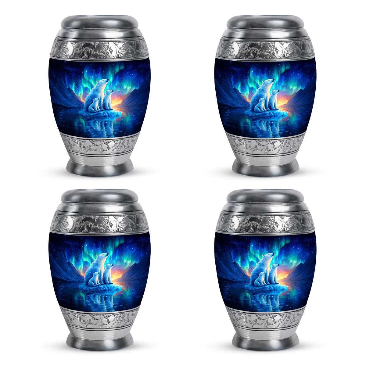 Twilight Blue Bear Cremation Urn urn with complimentary velvet bag - majestic bear pattern with filigree border - 10 inch aluminum urn for cremated remains