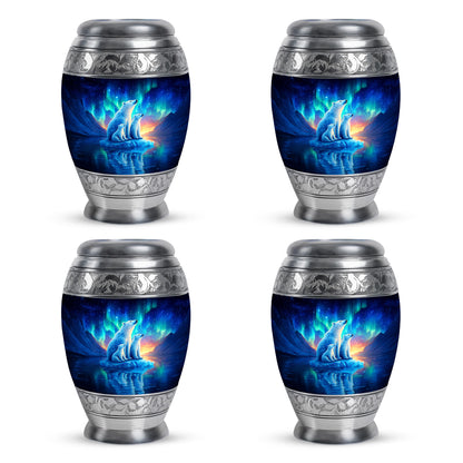 Twilight Blue Bear Cremation Urn urn with complimentary velvet bag - majestic bear pattern with filigree border - 10 inch aluminum urn for cremated remains