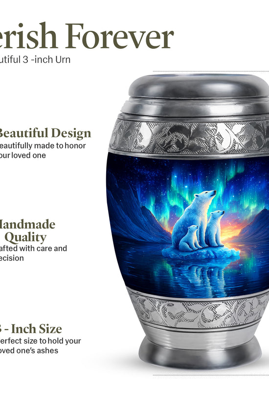 Indigo Bear Cremation Urn lifestyle display on memorial shelf - ornate monarch-style bear relief on brushed aluminum - mini keepsake memorial for portion of cremation ashes