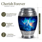 Indigo Bear Cremation Urn lifestyle display on memorial shelf - ornate monarch-style bear relief on brushed aluminum - mini keepsake memorial for portion of cremation ashes