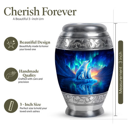 Indigo Bear Cremation Urn lifestyle display on memorial shelf - ornate monarch-style bear relief on brushed aluminum - mini keepsake memorial for portion of cremation ashes