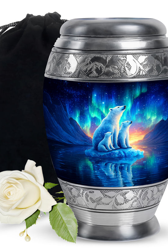 Twilight Blue Bear Cremation Urn back view with polished surface - majestic bear pattern with filigree border - full-size 10 inch 200 cubic inch adult cremation urn