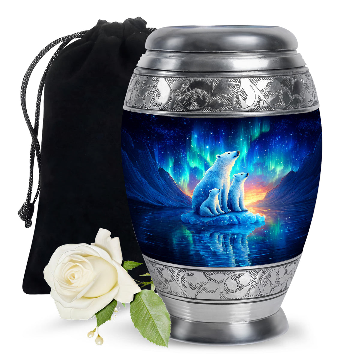 Twilight Blue Bear Cremation Urn back view with polished surface - majestic bear pattern with filigree border - full-size 10 inch 200 cubic inch adult cremation urn