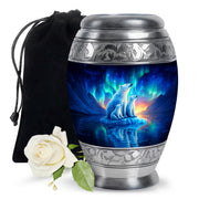 Twilight Blue Bear Cremation Urn back view with polished surface - majestic bear pattern with filigree border - full-size 10 inch 200 cubic inch adult cremation urn