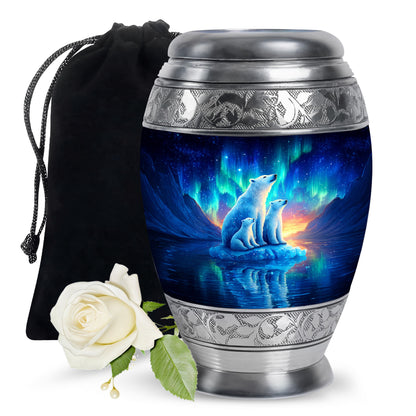 Twilight Blue Bear Cremation Urn back view with polished surface - majestic bear pattern with filigree border - full-size 10 inch 200 cubic inch adult cremation urn