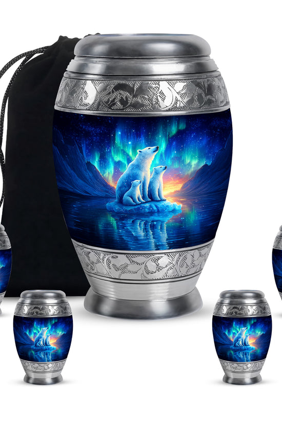 Powder Blue Bear Cremation Urn detail view - regal bear design with crown-inspired accents - memorial set with one large and four small urns