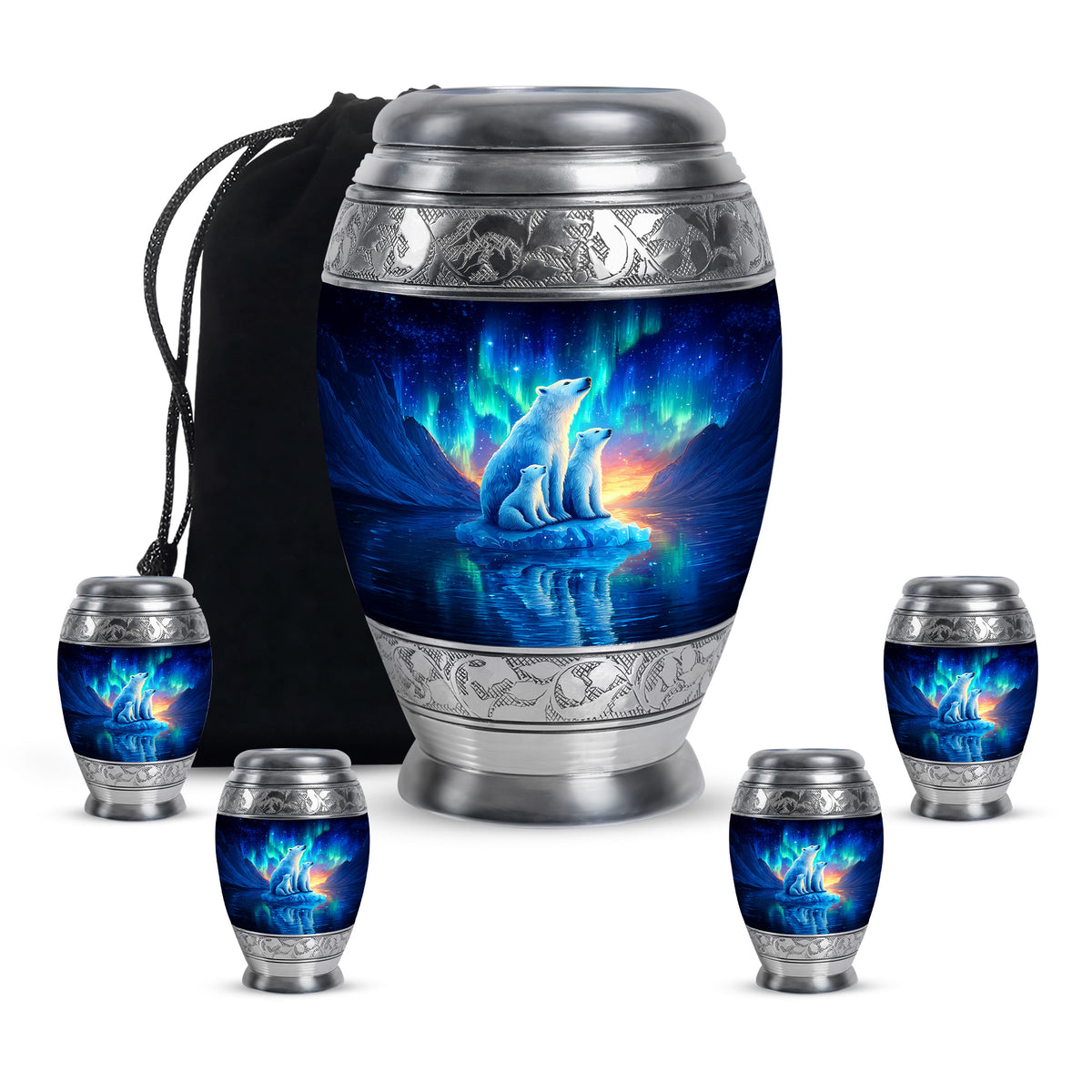 Powder Blue Bear Cremation Urn detail view - regal bear design with crown-inspired accents - memorial set with one large and four small urns