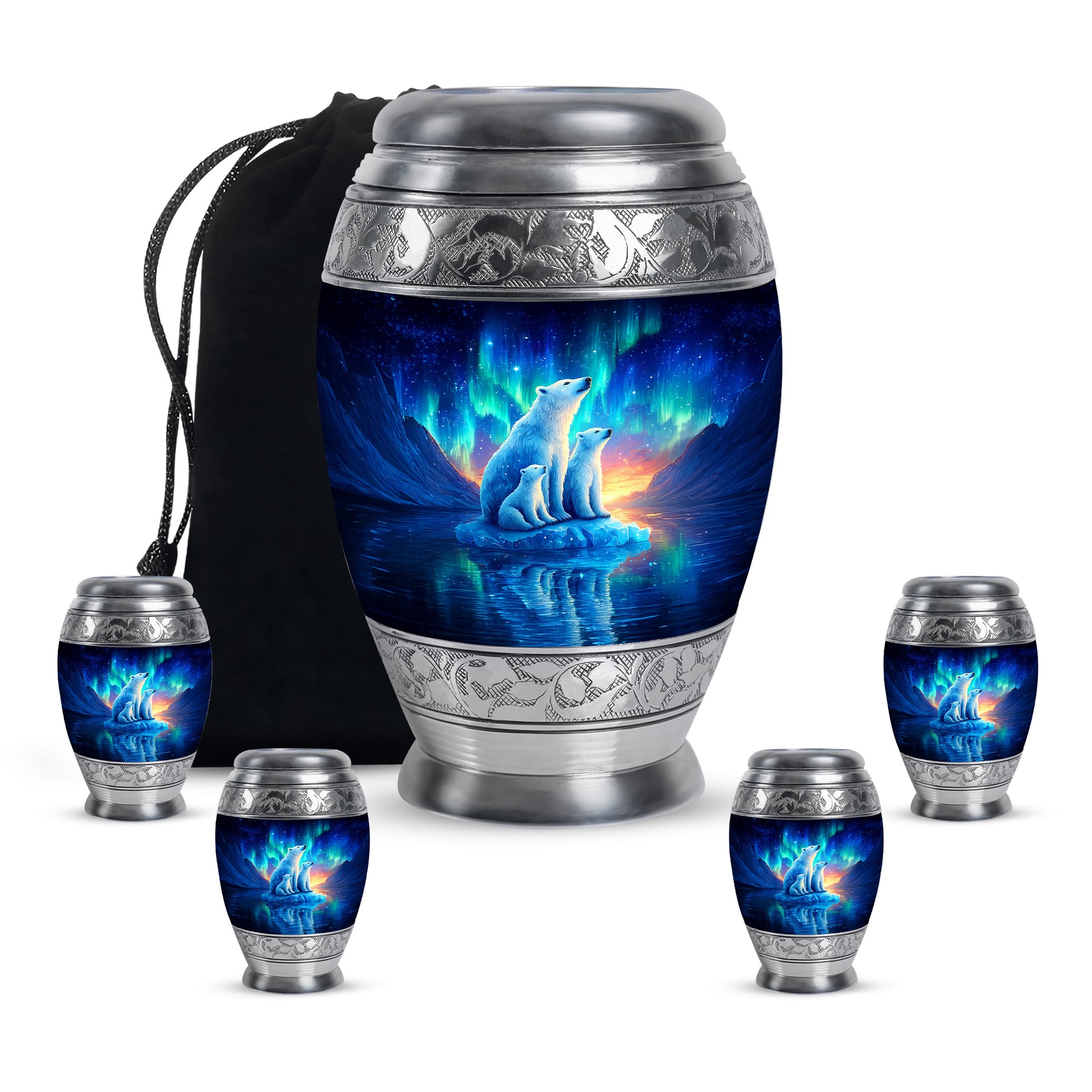 Powder Blue Bear Cremation Urn detail view - regal bear design with crown-inspired accents - memorial set with one large and four small urns