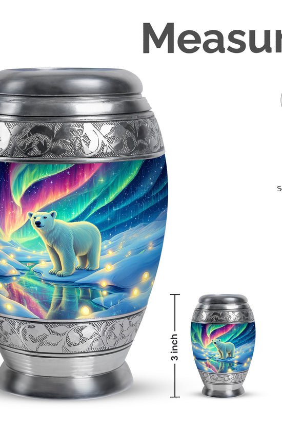 Serene Blue Bear Cremation Urn lifestyle display on memorial shelf - royal bear engraving with decorative scrollwork - mini keepsake memorial for portion of cremation ashes
