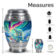 Serene Blue Bear Cremation Urn lifestyle display on memorial shelf - royal bear engraving with decorative scrollwork - mini keepsake memorial for portion of cremation ashes