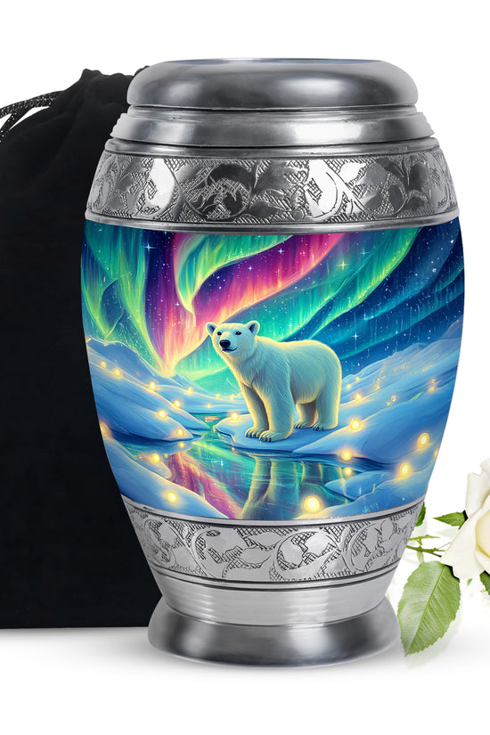 Bright Blue Bear Cremation Urn back view with polished surface - majestic bear pattern with filigree border - full-size 10 inch 200 cubic inch adult cremation urn