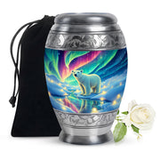 Bright Blue Bear Cremation Urn back view with polished surface - majestic bear pattern with filigree border - full-size 10 inch 200 cubic inch adult cremation urn