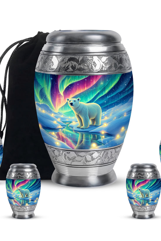 Slate Blue Bear Cremation Urn detail view - regal bear design with crown-inspired accents - memorial set with one large and four small urns