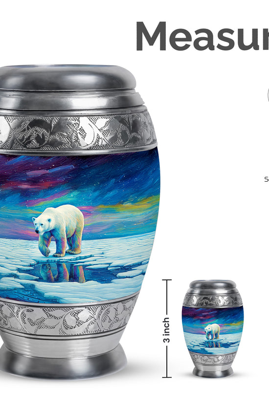 Celestial Blue Bear Cremation Urn lifestyle display on memorial shelf - ornate monarch-style bear relief on brushed aluminum - mini keepsake memorial for portion of cremation ashes