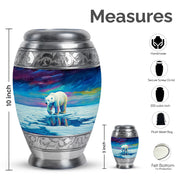 Celestial Blue Bear Cremation Urn lifestyle display on memorial shelf - ornate monarch-style bear relief on brushed aluminum - mini keepsake memorial for portion of cremation ashes