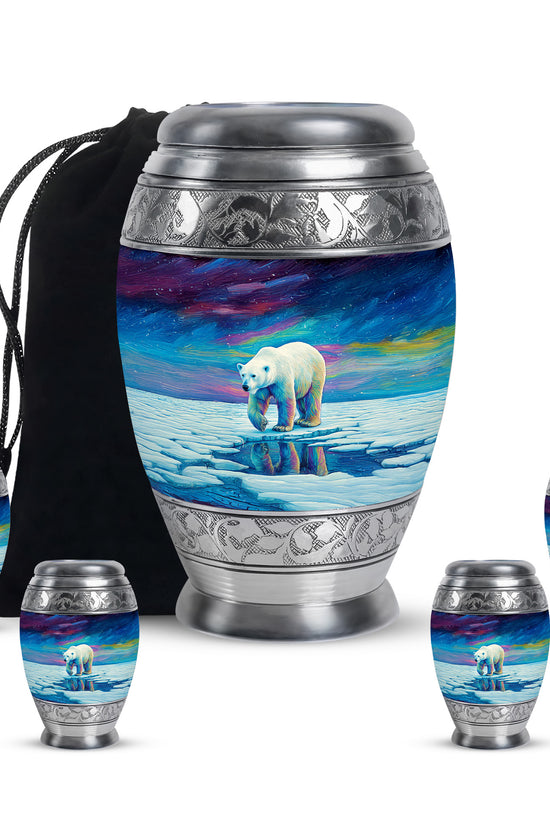 Powder Blue Bear Cremation Urn detail view - ornate monarch-style bear relief on brushed aluminum - memorial set with one large and four small urns