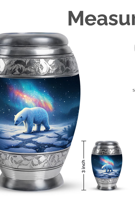 Powder Blue Bear Cremation Urn lifestyle display on memorial shelf - ornate monarch-style bear relief on brushed aluminum - mini keepsake memorial for portion of cremation ashes