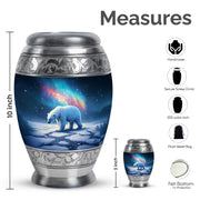 Powder Blue Bear Cremation Urn lifestyle display on memorial shelf - ornate monarch-style bear relief on brushed aluminum - mini keepsake memorial for portion of cremation ashes