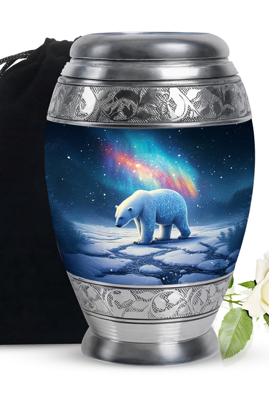 Soft Blue Bear Cremation Urn back view with polished surface - majestic bear pattern with filigree border - full-size 10 inch 200 cubic inch adult cremation urn