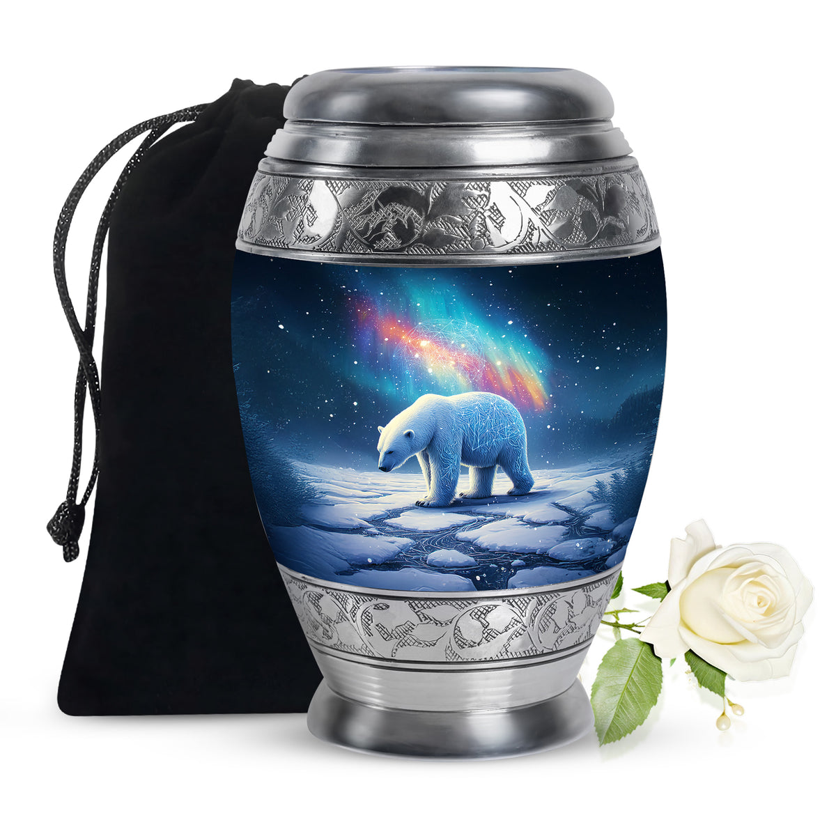 Soft Blue Bear Cremation Urn back view with polished surface - majestic bear pattern with filigree border - full-size 10 inch 200 cubic inch adult cremation urn