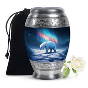 Soft Blue Bear Cremation Urn back view with polished surface - majestic bear pattern with filigree border - full-size 10 inch 200 cubic inch adult cremation urn