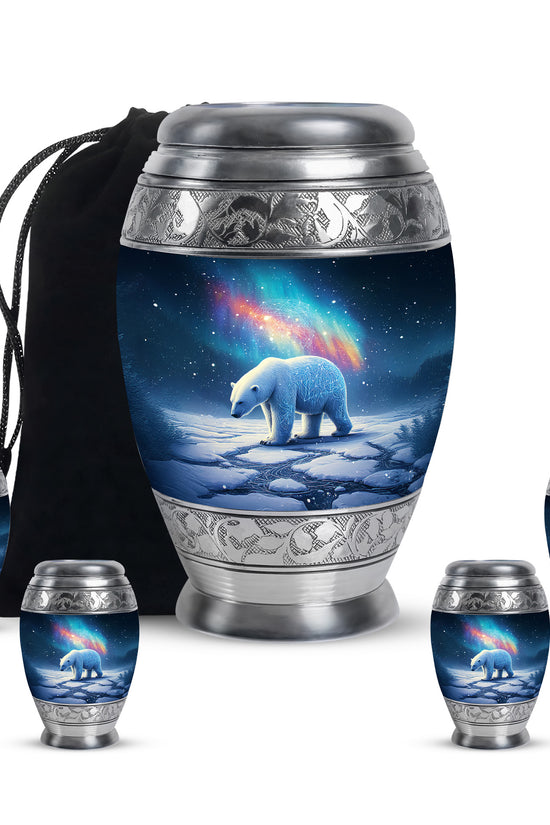 Royal Blue Bear Cremation Urn detail view - majestic bear pattern with filigree border - memorial set with one large and four small urns