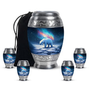 Royal Blue Bear Cremation Urn detail view - majestic bear pattern with filigree border - memorial set with one large and four small urns