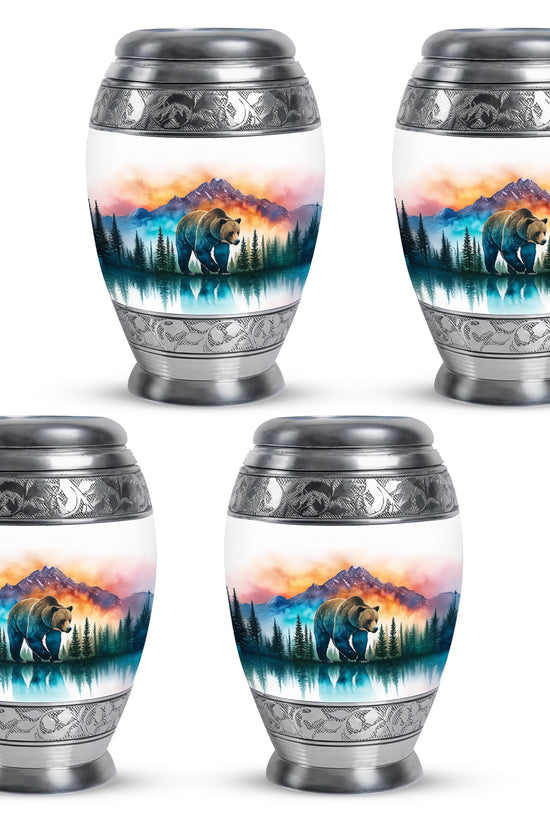 Gleaming Silver Bear Cremation Urn urn with complimentary velvet bag - regal bear design with crown-inspired accents - 10 inch aluminum urn for cremated remains